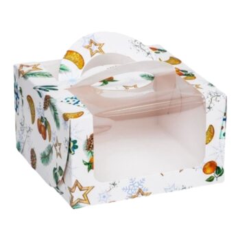 Коробка для бенто торта "Мандарины и звезды" 14*14*8 с ручками