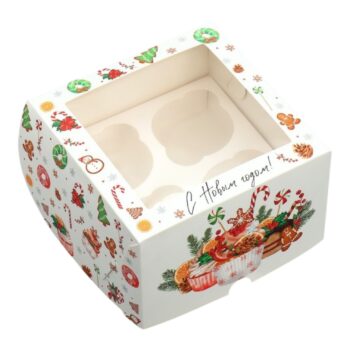Коробка для капкейков " Новогодние сладости" на 4шт, 16*16*10