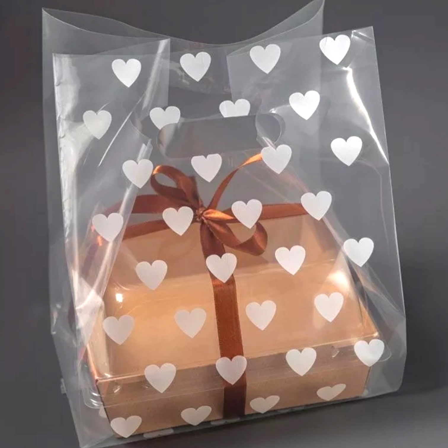 Пакет для бенто торта сердечки прозрачный с ручками 19*32см