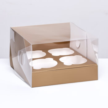 Коробка для капкейков ЗОЛОТО с пластиковой крышкой на 4шт